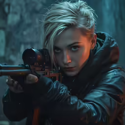 a blonde woman shooting a rifle in a scene