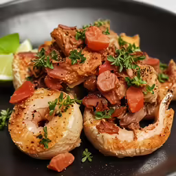 a black plate with a chicken and tomato dish
