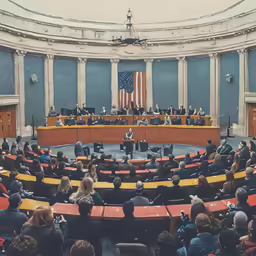 a meeting room full of people during a session
