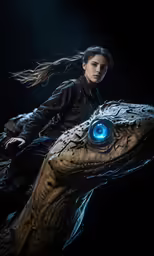 woman riding a large, shiny looking dinosaur with an eye