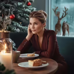 a woman sits at a table with a plate of food