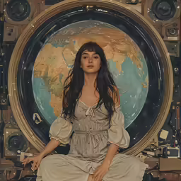 a woman in white dress sitting on top of a wooden floor