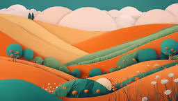 a painting that has different colors of trees and grass,a painting of hills, trees and grass