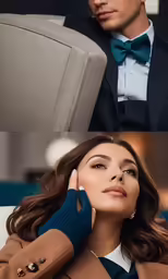 two photos of a woman and a man, one is wearing a suit and tie