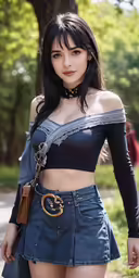 a woman in a black top and skirt posing