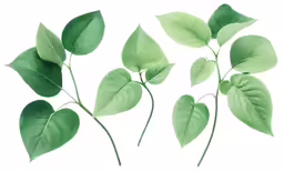 several green leaves are on a branch on a white background