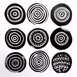 eight circular designs printed on a white paper,nine circles and shapes in black and white