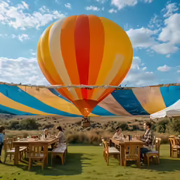 a big sky balloon over some people at a table
