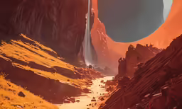 the painting shows a mountain landscape with a waterfall