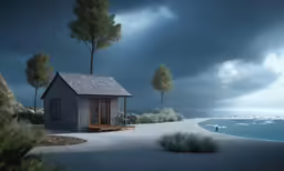 a house next to the water near a cloudy sky