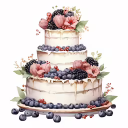 a painting of a three layer cake with berries and flowers