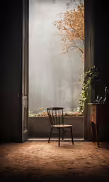 a chair is next to the open window