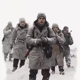 a group of people are standing in the snow