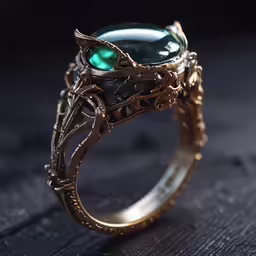 ring with oval green stone in a filigree setting