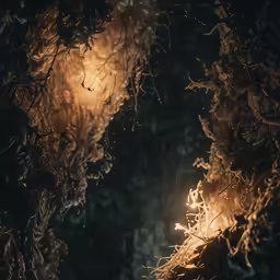 bright lights coming through the trees into the night