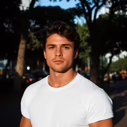a man in a white t - shirt is standing on a street