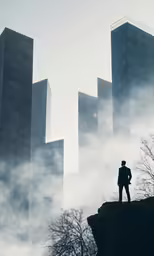 a man standing on top of a rock next to tall buildings
