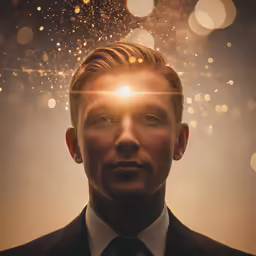 a man looks upward while wearing a suit