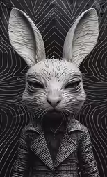 a white bunny in a suit standing next to a large black wall