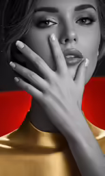 a woman with her hands near her face