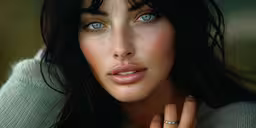 a woman with a ring and sweater looks at the camera,closeup view of a woman with blue eyes