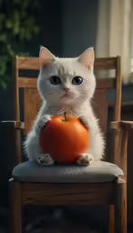 a white cat is holding a tomato on a chair