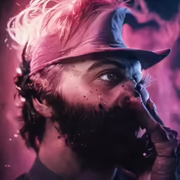 a man with a beard wearing a hat and holding a gun