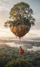 a person suspended on a parachute that is hanging over some trees
