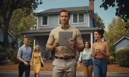 people are standing around while a man looks at something on his tablet
