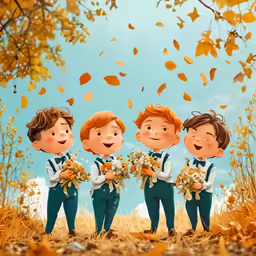 four little boys are in the middle of some leaves