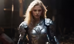 a woman in armor walking on the ground