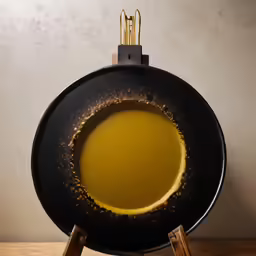an oil in a pan on top of wood legs