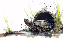 a turtle with yellow and black markings sitting inside a hole