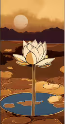 a painting of a white lotus in the desert,a large white flower that is in the water