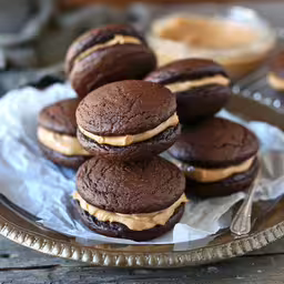 there are chocolate cookies and cream sandwiches on a plate,chocolate sandwich cookies on a glass plate with butter