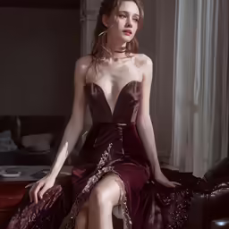 a girl wearing a burgundy dress sits on a couch