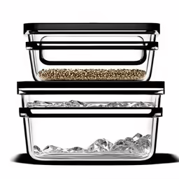 three glass containers with food inside of them