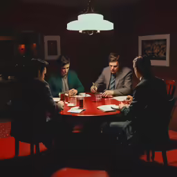 two men in suits and two women in green sitting around a round table