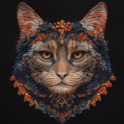 an orange - colored cat with a decorative face mask