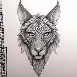 the drawing of a wolf with a triangle pattern on its face