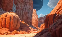 strange red rock formations and desert landscape with a moon