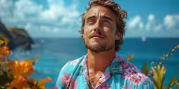 a man with curly hair stands on the edge of a cliff near a body of water,a man with long hair stares into the distance while standing in front of bright flowers