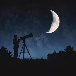 a person is looking up at the moon using a telescope