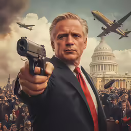 a man in suit and red tie holding up a gun