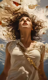 a beautiful woman flying through the air while holding a tie