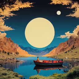 a boat and some water under the moon,the boat has people inside as it is reflected in a lake