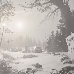 a snowy road with trees and vehicles in the distance