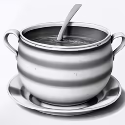 a black and white image with a spoon inside of a pot of soup