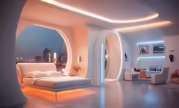the bedroom has a lot of white lighting in it