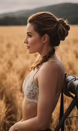 a woman stands in a wheatfield wearing her hair in pony tails